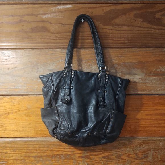 ALL SAINTS \\ DARK BROWN GENUINE LEATHER STUDDED SHOULDER BAG - Picture 2 of 5